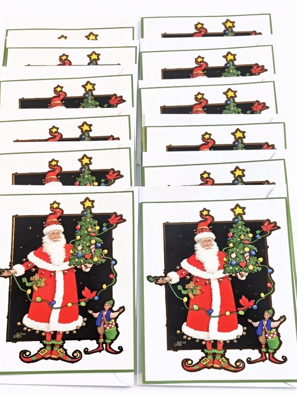 Vintage Christmas Cards Set of 12 Santa Tree Unused w/Envelopes